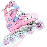 ABEC-9 Kugellager&Integrierte Aluminiumlegierung Halterung: Inliner Mädchen bestehen aus einer integrierten Halterung aus Aluminiumlegierung, sicher und langlebig. Beim Reiten, Inlineskates Verstellbar weichen nicht nach außen ab und beeinträchtigen die Knochen. Die professionellen, extrem leisen ABEC-9 Kugellager Kindern ein reibungsloses Erlebnis beim Rollen. Geeignet für Indoor, Outdoor, Eislaufbahn, Bürgersteig, Holzboden usw.