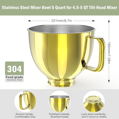 Image of 5QT Stainless Steel Mixer Bowl Compatible with Kitchen aid Stand Mixers Kitchenaid Replacement Bowl for 4.5-5 QT Tilt-Head Mixer with Handle, Gold