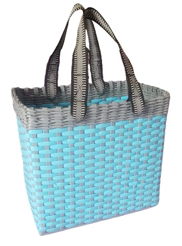 Image of Paperus, Medium, Sky Blue & Grey Lunch Bag, Picnic Basket, Handbag, Tiffin Basket for Office, Rectangular, Eco-Friendly, Handmade, of Paper Ropes, in Inch 11 H, 12 L, 6 Wide Base