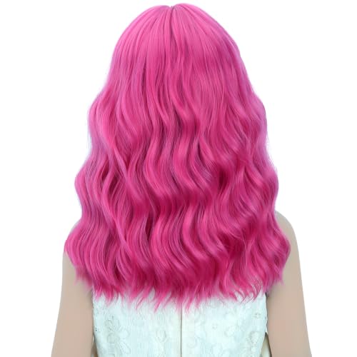 Image of Hot Pink Wig Short Hot Pink Wavy Curly Wigs Pink Wig with Air Bangs ynthetic Cosplay Hair Wig