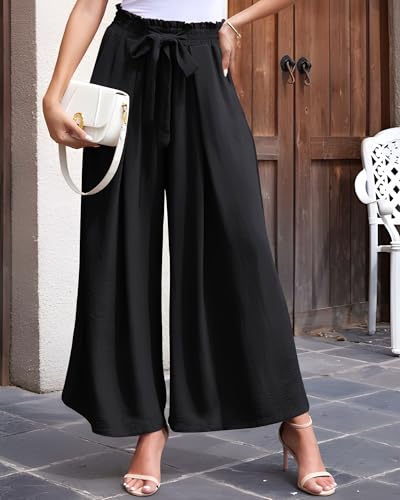 LOUSGUTA Wide Leg Pants for Women High Waisted Palazzo Pants Work Casual Flowy Tie Knot Trousers with Pockets2