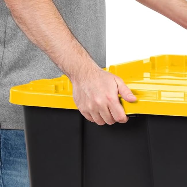 IRIS USA 27 Gallon Heavy Duty Truck Bed Toolbox Storage Tote Bins with Lids, 4 Pack - Made in USA, Tough Snap On Lockable Lid Stackable Industrial Tubs, Garage Organization Reusable Box - Black/Yellow