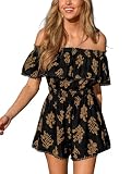 CUPSHE Mono de verano para mujer, con hombros descubiertos, diseño floral, con volantes, con bolsillos, cintura elástica, boho para playa, vacaciones, playas, Negro Floral, XL