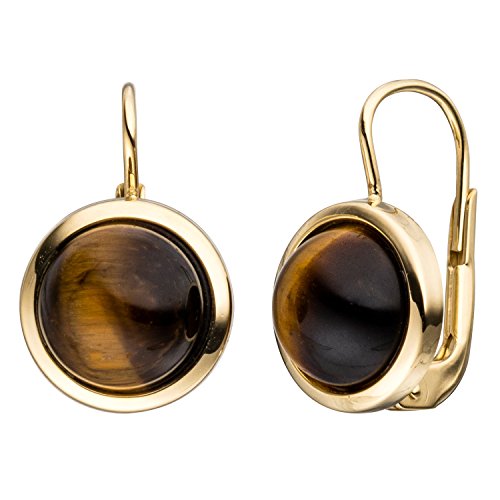 Jobo Damen Boutons rund 333 Gold Gelbgold 2 Tigeraugen braun Ohrringe Ohrhänger