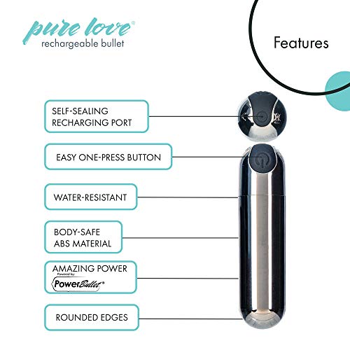 Pure Love Vibrator Bullet, Rechargeable, Waterproof, Adult Sex Toy, Smoky Silver, 3" #TOP2