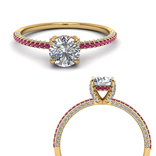Image of Choose Your Gemstone Delicate Hidden Halo Diamond CZ Ring Yellow Gold Plated Round Shape Petite Engagement Rings Minimal Modern Design Birthday Gift Wedding Gift US Size 4 to 12