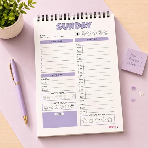 Image of Daily Planner Notepad Undated A5 Spiral | 7 Pastel Colours Hourly To-Do Meal Mood Tracker | 100 GSM Aesthetic Diary for Girls Women Students