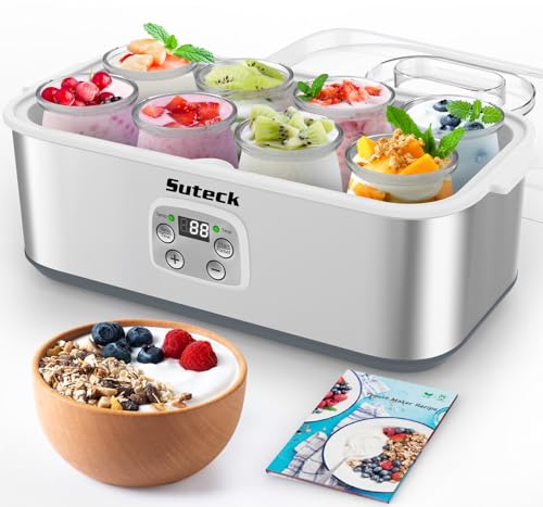 Image of Suteck Yogurt Maker with 8 Glass Jars, Time & Temp Adjustable Control Yogurt Machine, Homemade Greek & Probiotic Yogurt, Automatic Shut-Off, BPA-Free, 48 oz Total, White