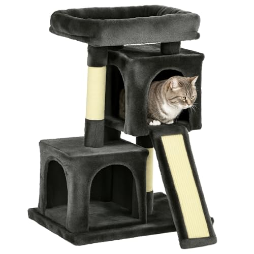 PawHut Albero Tiragraffi per Gatti Grandi, Adulti e Gattini, Graffiatoio per Gatti, Pali in Sisal, Legno, Peluche, Lettino e 2 Casette, 59x39x83cm, Grigio Scuro