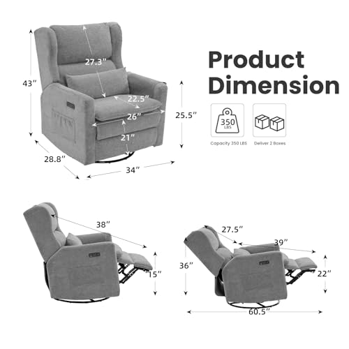 Image of Oversized Swivel Rocker Recliner with Adjustable Headrest, 26 inch Extra Wide Glider Recliner Nursery Chair with Double Cushion, Chenille Glider Rocking Chair for Living Room,Cup Holder,Grey
