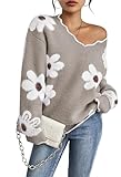 Pink Queen Winter V Neck Oversized Pullover Top for Women Soft Long Sleeve Knit Color Block Flower Jumper Sweater Boyfriend Slouchy Thick Tunics Taupe L