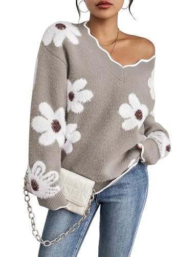 Pink Queen Women's Oversized V Neck Fuzzy Sweaters 2025 Casual Loose Long Sleeve Chunky Knit Pullover Jumper Tops