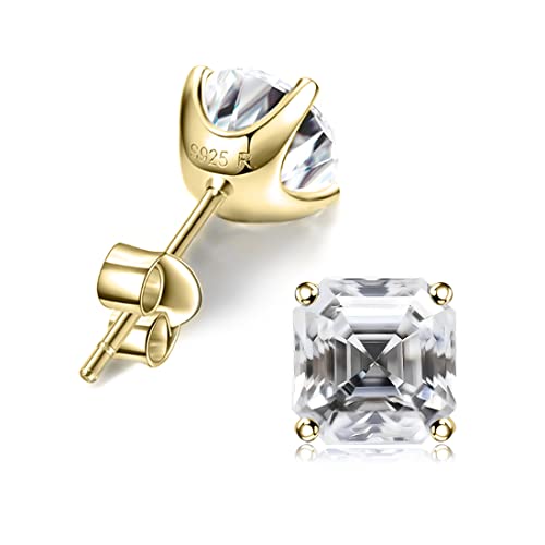 "Stunning Flame "18K Yellow Gold Plated Sterling Silver Asscher Cut Cubic Zirconia Stud Earrings For Men Women(Y,5 * 5) #TOP30