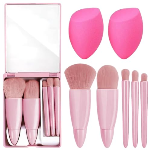 Image of Travel Makeup Brush Set - Mini Portable Cosmetic Brushes Kit for Face Eye Foundation, For Eyeshadow And Easy Blending - Compact Beauty Tools (Pink, 7 Piece Set)