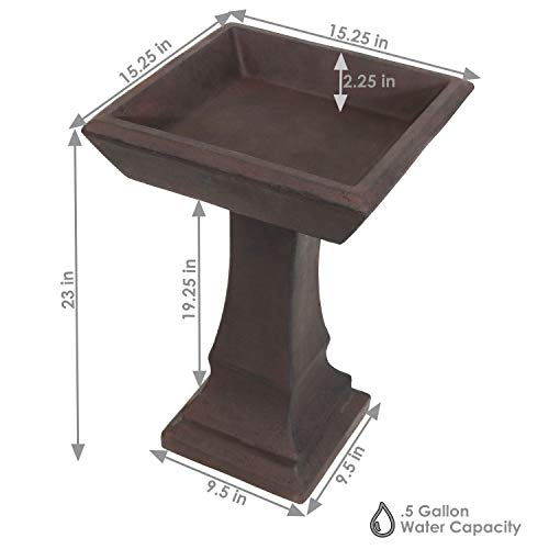 Sunnydaze Simply Square 23-Inch H Glass Fiber Reinforced Concrete Bird Bath - Brown #TOP2