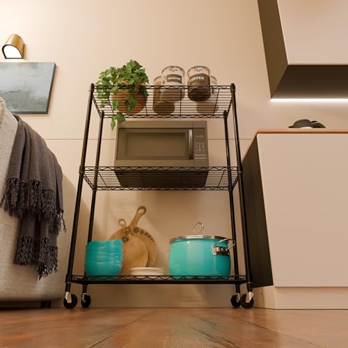 Image of 3-Shelves Wheels Heavy Duty Steel Storage Rack | Multipurpose Shelving Unit for Kitchen, Home & Utility | Black, 3 Shelves Wheels