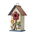 Glitzhome Vintage Birdhouse with 3D Flowers - Solid Wood Bird Feeder in Washed White Weatherproof Rustic Decor for Patio/Balcony - Ready-to-Hang (10.25")