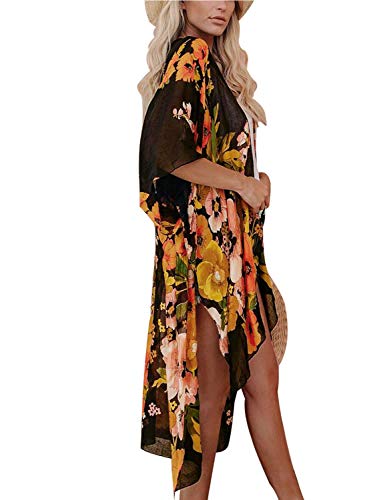 Dauveg Quimono feminino longo de chiffon cardigã Boho floral 0 caneta capa frontal xale, 1 preto, S