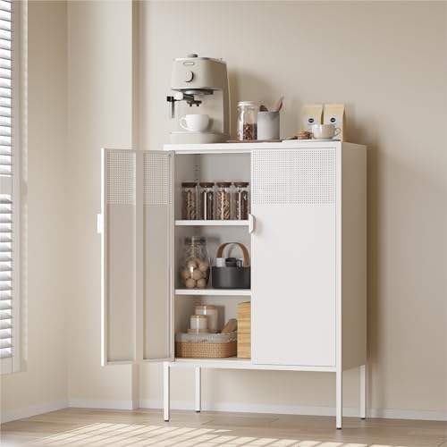 COFaR White Metal Storage Cabinet with Adjustable Shelves 47H Modern Buffet Sideboard & Coffee Bar Cabinet with Magnetic Doors Ventilated Steel Organizer for Kitchen Dining Room Home Office