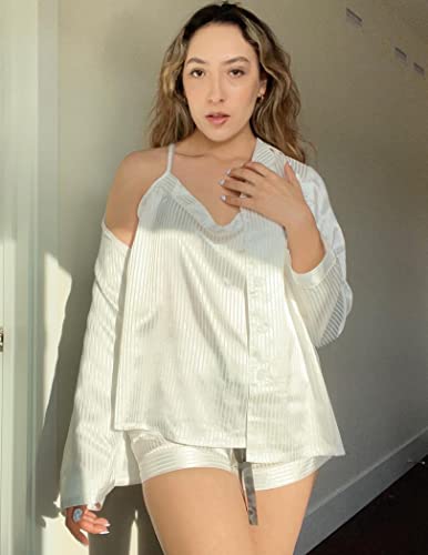 Ekouaer Women's Striped Satin Pajama Set 4 Pcs Silk Sleepwear Long Sleeve Button Down Pjs Cami Shorts Set #TOP4