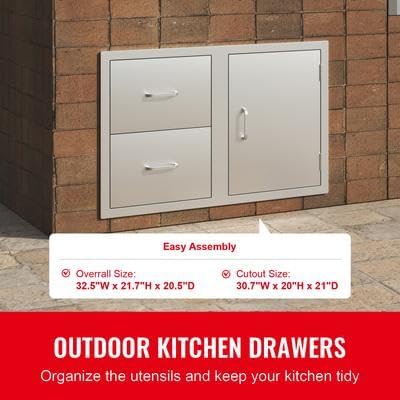 Happybuy Outdoor Kitchen Door Drawer Combo, 32.5" W x 21.6" H x 20.5" D Access Door & Double Drawers with Paper Towel Rack, Stainless Steel Handles, Ideal for BBQ Island and Outdoor Kitchens