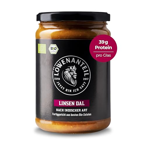 Löwenanteil - 100% Bio-Eintopf LINSEN DAL - 570g Glas - Proteinreiches Bio-Fertiggericht mit orientalischen Gewürzen, roten Linsen & Hack aus Erbsenprotein - Ohne Zuckerzusatz & Glutenfrei