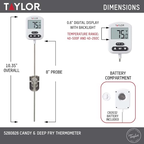 Image of Taylor Programmable Digital Candy and Deep Fry Thermometer with Green Light Alert Display, Long Stem, and Adjustable Pan Clip, White