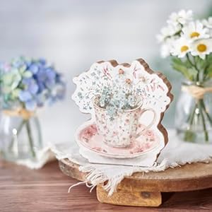 Primitives by Kathy Home Decor Sign Elegant Pink Tea Cup Wooden Cut Out Sign Overflowing with Flowers Handpainted in Delicate Watercolor Style