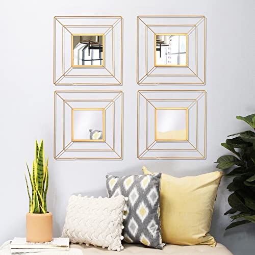 4 Set Square Gold Metal Mirrors for Home Décor - Horizontal or Vertical Wall Hanging