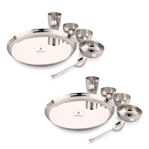 Image of Arham Stainless Steel Dinner Set | 12 Pcs (Big 2 Set) | Premium Heavy Weight Hammered Dinner Set for Gift | 12 Pcs (2 Plate, 2 Halwa Plate,4 Bowl /Wati, 2 Glass, 2 Spoon) | Premium DinnerWare