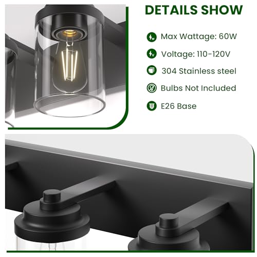 Image of Bathroom Vanity Light, 3-Light Modern Black Vanity Light Fixtures with Clear Glass Shade, 22in Matte Black Bathroom Light Fixtures Over Mirror, Rustic Restroom Lighting Fixtures