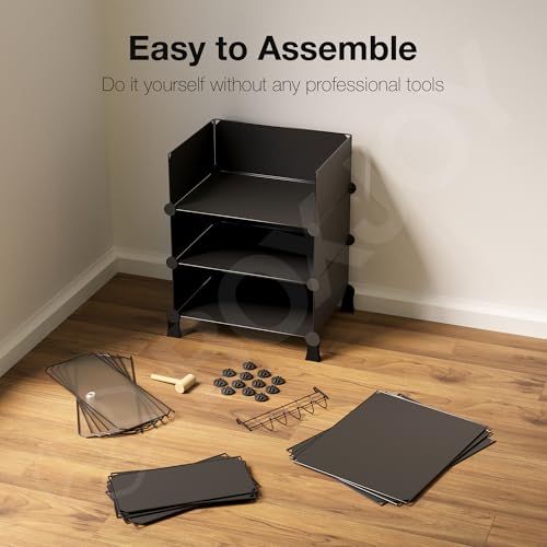 Image of BOXJOY 5 Shelf Shoe Rack with 5 Doors, Magnets, 5 Hook Steel Holder & Wooden Hammer for Home Storage PP Plastic Organizer with Metal Door Frame to Cover Chappal Slipper Sandals Shoes Box Stand (Black)