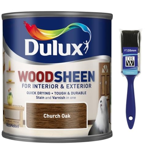 Image of Woodsheen Stain and Varnish 250ml Church Oak +1" Brush | Interior Wood Stain and Varnish | Satin Finish for Doors Skirting Furniture and Trim | Quick Dry Wood Protection