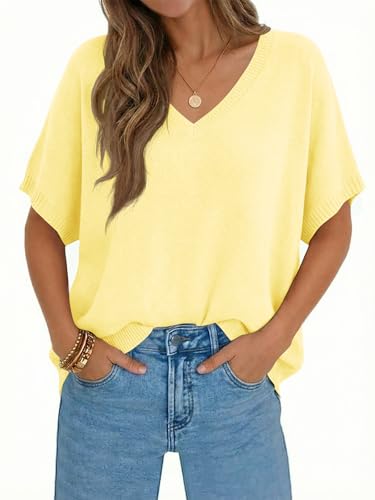 Saodimallsu Womens Oversized Sweaters Batwing Short Sleeve Lightweight V Neck Casual Summer Knit Pullover Tops Yellow