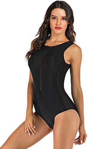Yateen Womens Rash Guard Zip Front Sleeveless One Piece Swimsuit Black thumb #3