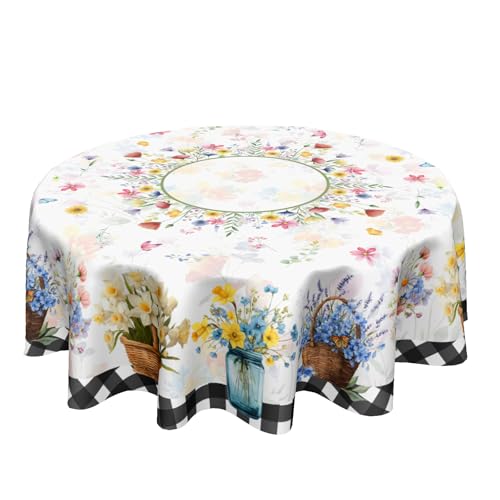 Ancordivo Spring Floral Round Tablecloth 70 Inch Summer Flower Vase Buffalo Plaid Circle Table Cloth Seasonal Holiday Rustic Easter Table Cover for Party Kitchen Dinner Home Decor