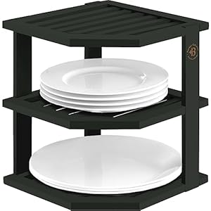 3-Tier Plate Organizer for Cabinet – Space-Saving Bamboo Countertop Organizer for Kitchen, Bathroom & Pantry – Durable Display and Storage Solution for Plates, Decor & More (Black)