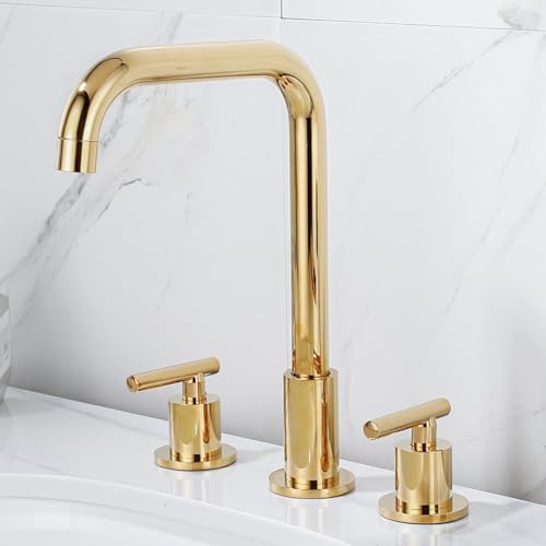 Grifo de tres orificios negro y dorado con caño alto curvo para lavabo