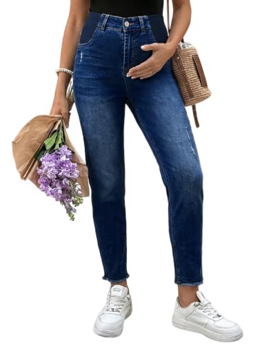 BLENCOT Skinny Maternity Jeans for Women Stretchy High Waisted Pregnancy Denim Pants with Distressed and Raw Hem Dark Blue Medium