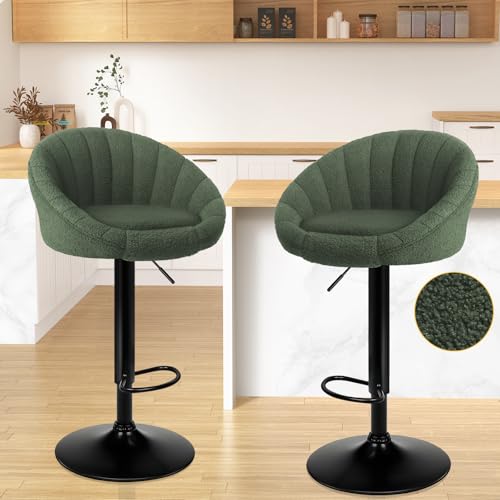 ALFORDSON Set of 2 Susan Green Bar Stools with Wraparound Backrest, Adjustable Kitchen Barstools in 85-105cm Seat Height, Swivel Sherpa Counter Dining Chairs, Home Bar Dining Room Furniture Gas Lift