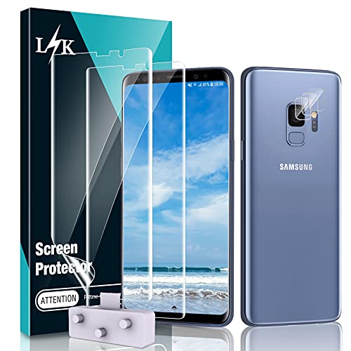 [2+3 Pack] LϟK Compatible for Samsung Galaxy S9, 2 Pack Flexible TPU Screen Protector and 3 Pack Camera Lens Protector [Ultrasonic Fingerprint Support] Full Coverage, Locate Tool Precise Alignment