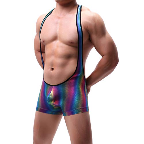 Mens Suspenders Wrestling Singlet Leotard Thong Bodysuit Jumpsuit Briefs Swimwear (Xl, Boxer Bodysuit Rainbow) #TOP5