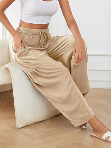 PAODIKUAI Women's Summer Wide Leg Pants Casual Loose Beach Drawstring Waist Palazzo Trousers with Pockets4