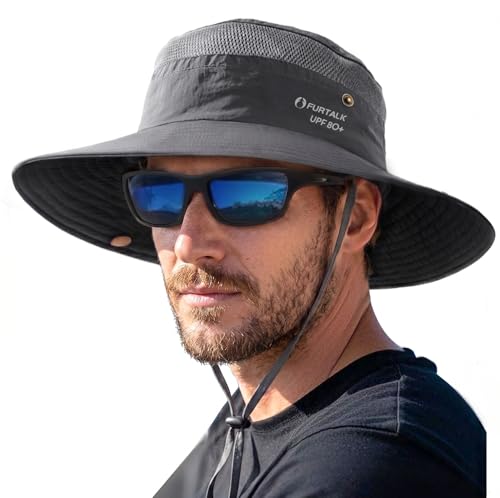 FURTALK Sun Hats for Men Women Fishing Hat UPF 80+ Breathable Wide Brim Hiking Summer UV Protection Bucket Hats Dark Grey