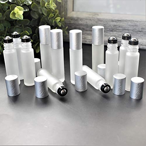 12-Pack Frosted Clear Glass Roller Bottles with Brushed Silver Leakproof Caps – Premium Quality Empty Roll-On Bottles for Essential Oils, Perfumes, Serums, DIY Aromatherapy & Beauty Products3