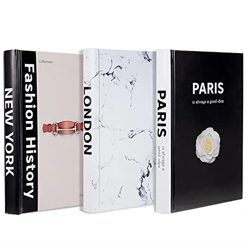 3 Pieces Fashion Decorative Book,Hardcover Modern Decorative Book Stack,Fashion Design Book Set,Display Books for Coffee Tables/Shelves(Paris/New York/London)