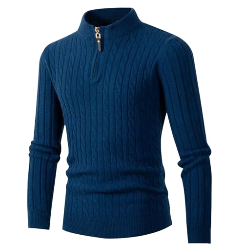 Wankang Men's Quarter Zip Sweater Slim Fit Mock Neck Cable Knit Pullover Casual Twisted Knitted Pullover Sweaters for Men