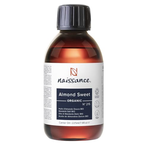 Naissance Certified Organic Sweet Almond Oil (no. 215) 225ml – for Skin, Hair, Massage, Nails, Ears, Face, Body, Stretch Marks - Natural Skin Care, Cold Pressed, Unrefined, Carrier Oil, Aromatherapy