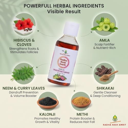 Image of Natural Hair Oil (Pack of 3 x 100ml) for Hair Growth & Hair Fall Control | Homemade Oil with Curry Leaves, Amla, Reetha, Shikakai, Hibiscus & Neem | For Dry, Damaged, Frizzy Hair | Men & Women