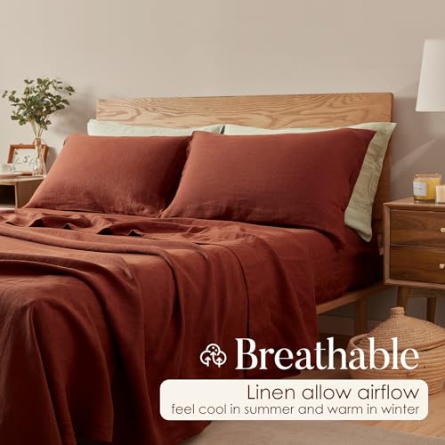 DAPU Pure Linen Sheets Set, 100% French Linen from Normandy, Breathable and Durable for Hot Sleepers, 3 Pcs Set - 1 Flat Sheet, 1 Fitted Sheet, 1 Pillowcase (Rust Red, Twin)